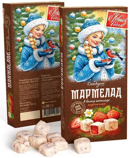 №1 Сладарт(11621) Мармелад Новогодний "Снегурочка" Клубничный в белом шоколаде, 150г   в Снежинске